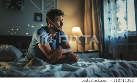 A woman sits indoors, holding her head with a look of frustration and deep thought, capturing a moment of mental distress. 118715398