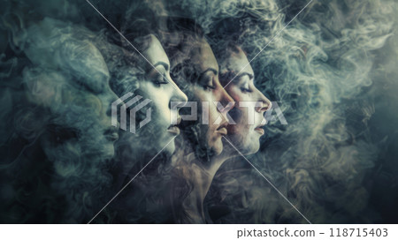 Surreal double exposure of a woman's face 118715403