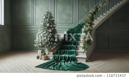 Christmas tree with green decorations in the room. Christmas and New year concept. Christmas tree with green decorations in the room. Christmas and New year concept. 118715437