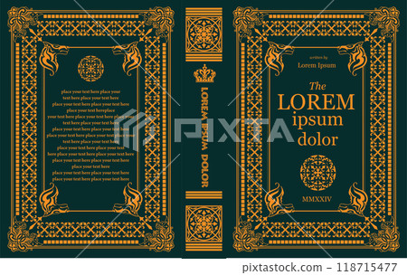 Ornate leather book cover and Old retro ornament frames. Royal Golden style design. Historical novel. Oriental style Vector illustration. Hand drawn illustration 118715477