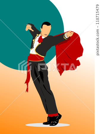 Torero in gray and gold suit or typical Spanish bullfighter on abstract background. 3d vector hand drawn illustration 118715479