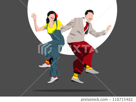 Lindy hop or rock-n-roll dance. Dance for rock-n-roll music. 3d vector hand drawn illustration 118715482