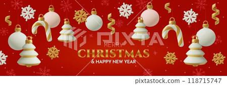 Christmas decorations banner with hanging 3d white and gold balls pines candy canes and snowflakes  118715747