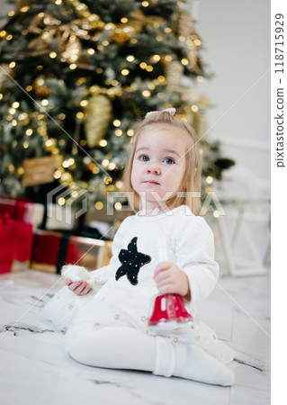 Portrait of little happy child girl sitting near Christmas tree indoors 118715929