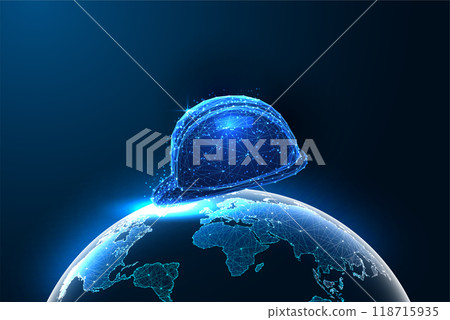 Occupational safety and environmental resilience, industrial responsibility. Safety helmet and Earth 118715935