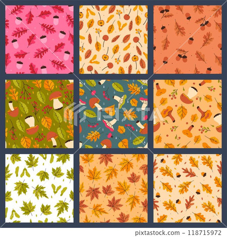 Set of seamless patterns with autumn mushrooms, leaves, berries. Vector graphics. Set of seamless patterns with autumn mushrooms, leaves, berries. Vector graphics. 118715972