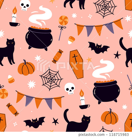 Seamless pattern with Halloween items candies, cats, cauldrons, skulls. Vector graphics 118715983