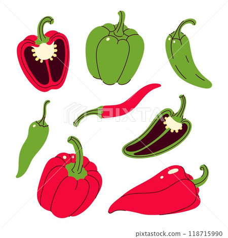 Set of red and green peppers isolate on white background. Vector graphics. 118715990