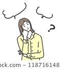 Thinking, worried woman, speech bubble, question mark, question, folded arms, worried, vector illustration, question, white background 118716148