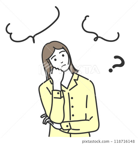 Thinking, worried woman, speech bubble, question mark, question, folded arms, worried, vector illustration, question, white background Thinking, worried woman, speech bubble, question mark, question, folded arms, worried, vector illustration, question, white background 118716148
