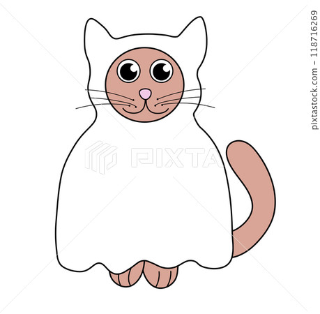 Cute Halloween Cats in costume Ghost. Holiday funny character. Vector Flat Illustration. 118716269