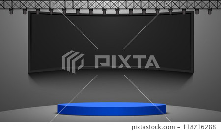 blue podium with led screen blackground in the white room	 118716288