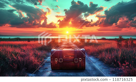 Vintage suitcase standing on a road at sunset symbolizing travel and adventure 118716325