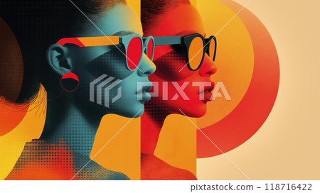 Artistic colorful collage of two female models wearing sunglasses, with a pop art and geometrical style 118716422