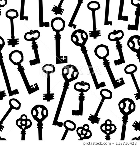 Seamless pattern of vintage keys on a white background 118716428