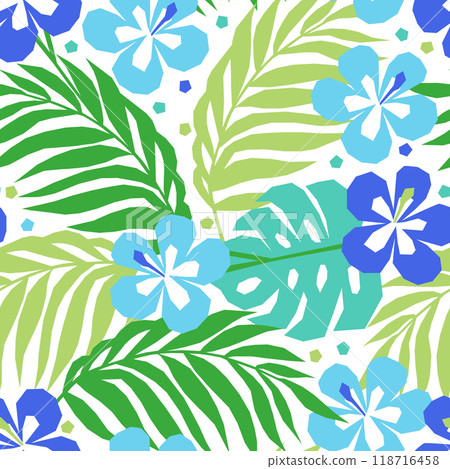 Vector seamless pattern with tropical flowers and palm leaves and monstera Vector seamless pattern with tropical flowers and palm leaves and monstera 118716458