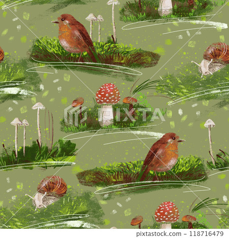 Seamless pattern with scenes from forest life with birds and mushrooms 118716479