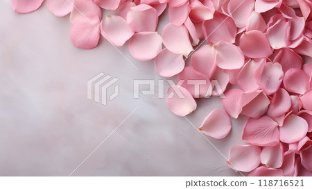 Beautiful background with pink rose petals on a gray concrete background. Romance, Love, Valentine's Day, International Women's Day. 118716521