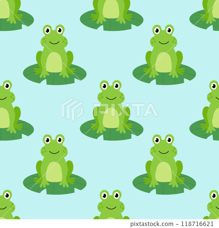 Seamless Pattern with Cute frog sit on water lily leaf. Children Hand drawn vector flat illustration. 118716621