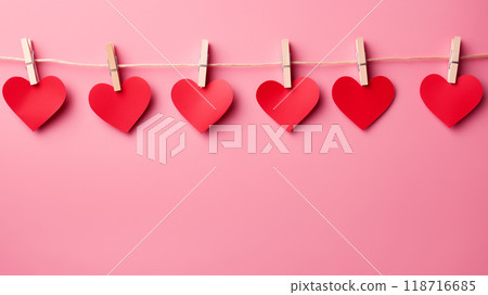 paper hearts on clothespins on a pink background. Valentine's Day background 118716685
