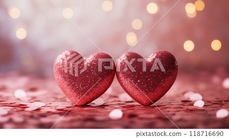 two pink hearts on a pink background with sparkles. Valentine's Day background two pink hearts on a pink background with sparkles. Valentine's Day background 118716690