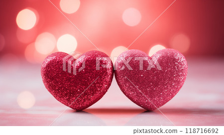 two pink hearts on a pink background with sparkles. Valentine's Day background two pink hearts on a pink background with sparkles. Valentine's Day background 118716692