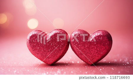 two pink hearts on a pink background with sparkles. Valentine's Day background 118716693