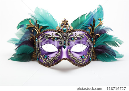 Purple and green Mardi Gras mask with feathers on a white isolated background 118716727