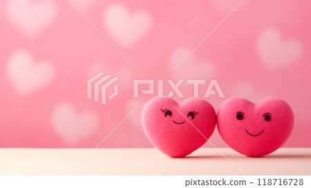two plush hearts with eyes and smiles on a pink background two plush hearts with eyes and smiles on a pink background 118716728