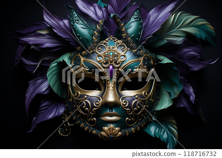 Purple and green carnival mask with feathers on a black background 118716732