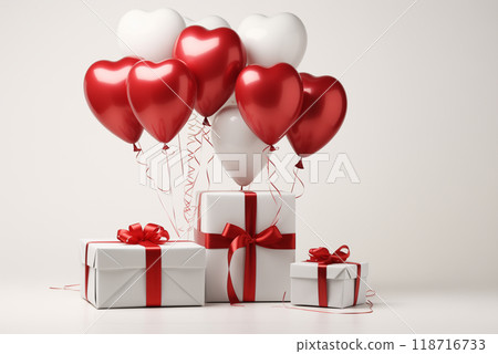 white gift box with red heart-shaped balloons tied to it white gift box with red heart-shaped balloons tied to it 118716733