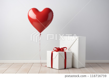 white gift box with red heart-shaped balloons tied to it 118716739