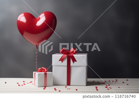 white gift box with red heart-shaped balloons tied to it 118716740