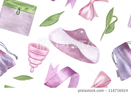 A menstrual cup, a period pad and a fabric pouch watercolor seamless pattern isolated on white. Great for eco-friendly menstrual care design, packaging, websites. Sustainable lifestyle of modern women 118716924