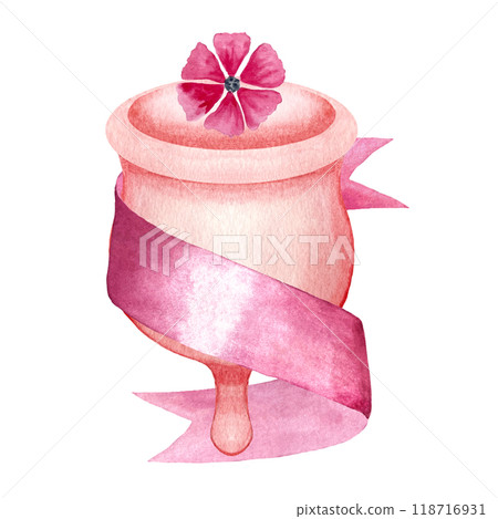 A menstrual cup with a satin ribbon around it and a flower, watercolor composition isolated on white. Ideal for eco-friendly menstrual care design, ads, packaging. In peach, pink. Sustainable 118716931