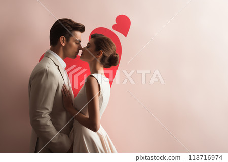 profile of a kissing couple, in the background there is a large red heart 118716974