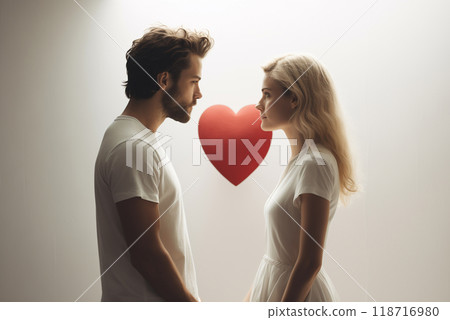 young couple looking at each other, red heart in the background 118716980