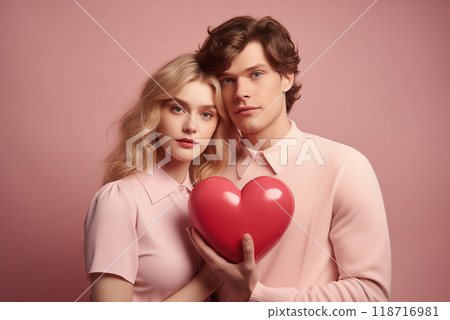portrait on a pink background of a hugging young couple holding a heart in their hands 118716981