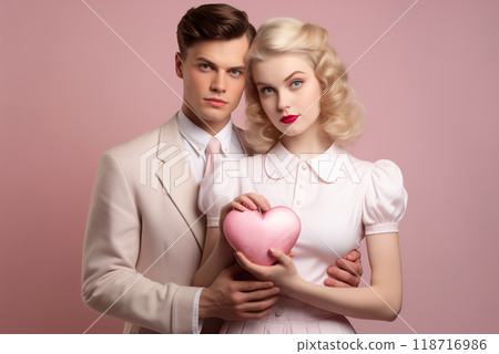 portrait on a pink background of a hugging young couple holding a heart in their hands 118716986
