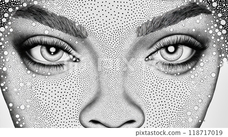 Black and white illustration of a serious woman face made with stippling technique Black and white illustration of a serious woman face made with stippling technique 118717019