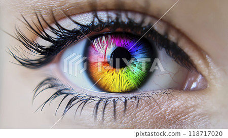 Close up photo of a woman's colorful eye, highlighting its beauty and uniqueness. Emphasizes eye health and vision care 118717020