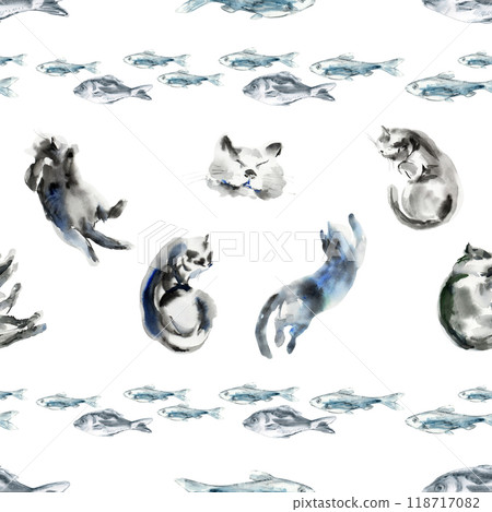 Seamless pattern from sleeping,playing and dreaming cat with swimming fish. Fluffy pet sees his sweet dream, like a fish swims and splashes on the waves. Watercolor sketch shows a calm cat lying on 118717082