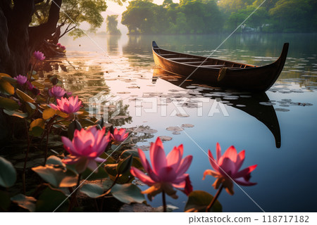 wooden boat on a lake with blooming pink lotuses 118717182