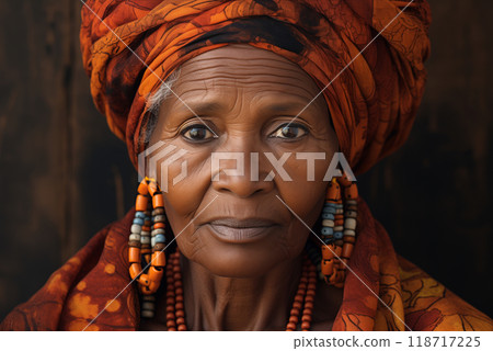 portrait of an old African American woman in traditional ethnic clothing and headdress 118717225