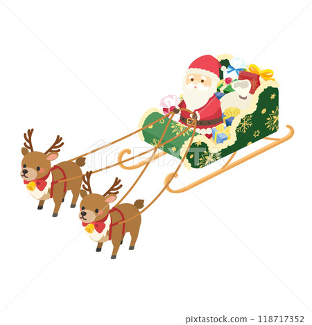 Isometric illustration of Santa and a green sleigh loaded with gifts (vector) 118717352