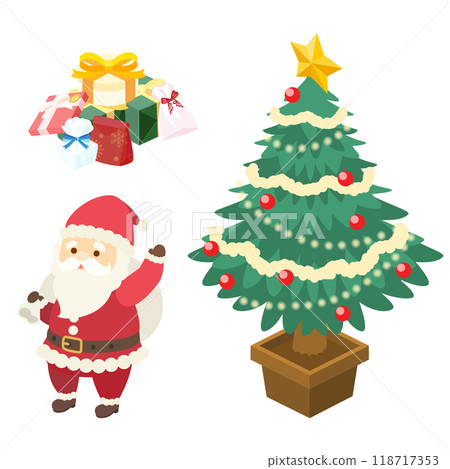 Isometric illustration of a Christmas tree, gifts and Santa Claus (vector) 118717353