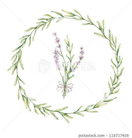 Watercolor wreath and bouquet of Lavender flower. Floral Clipart. Hand drawn botanical illustration of lavender branch for wedding invitation, logo, cards, packaging and labeling Watercolor wreath and bouquet of Lavender flower. Floral Clipart. Hand drawn botanical illustration of lavender branch for wedding invitation, logo, cards, packaging and labeling 118717426