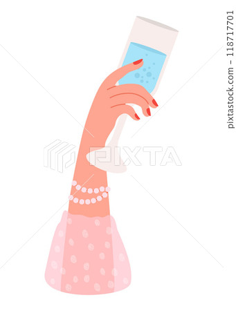 Elegant female hand in pink with drink in glass. Vector illustration 118717701