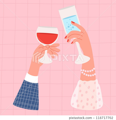 Holiday party. Male hand with glass of red wine and elegant female hand with drink in glassful on pink checkered background. Vector illustration 118717702