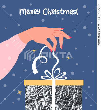 Merry Christmas. Woman Hand in pink opens bow from silver gift box on blue background. Vector illustration. Holiday New Year card. 118717703